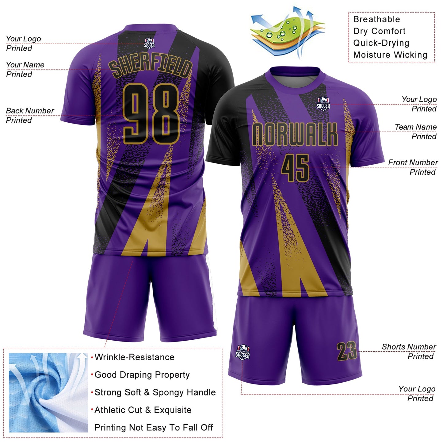 Custom Purple Black-Old Gold Radial Burst Sports Sublimation Soccer Uniform Jersey view 4