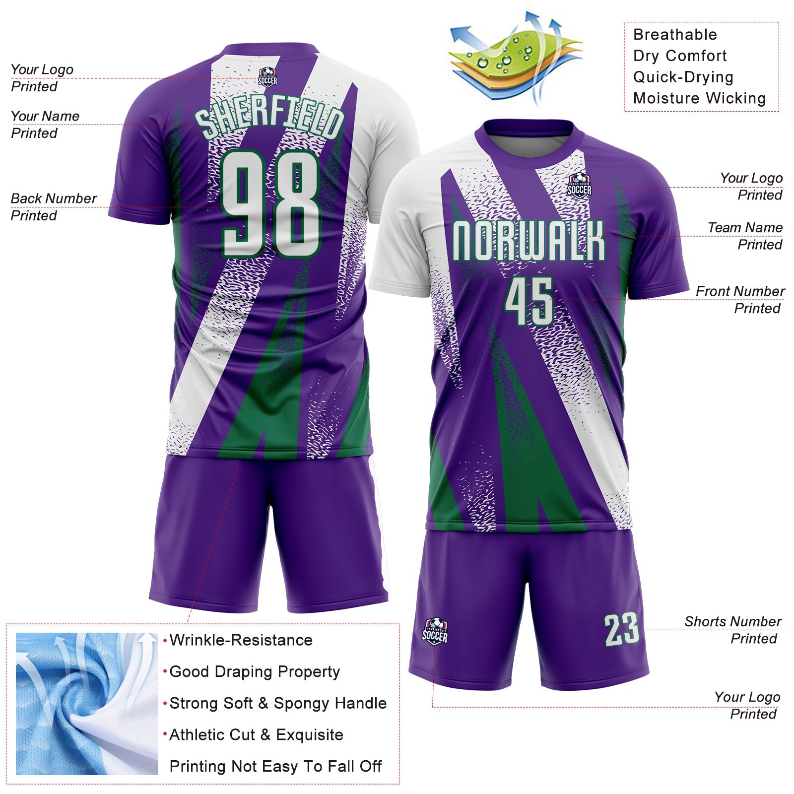 Custom Purple White-Kelly Green Radial Burst Sports Sublimation Soccer Uniform Jersey view 4