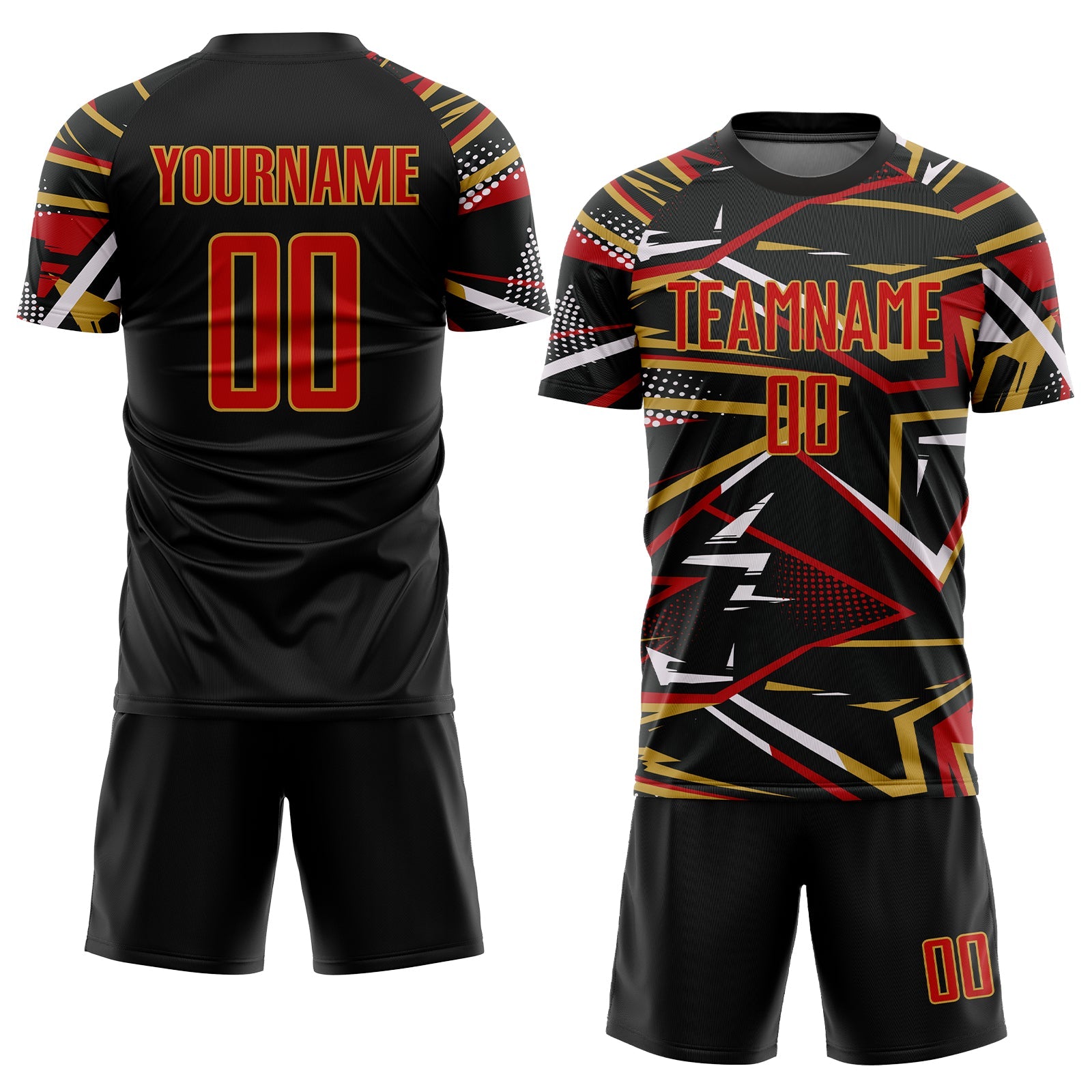 Custom Black Red Old Gold-White Abstract Geometric Stripes Sports Sublimation Soccer Uniform Jersey view 2