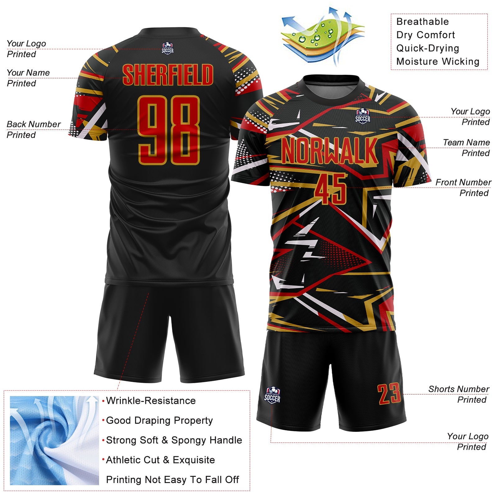 Custom Black Red Old Gold-White Abstract Geometric Stripes Sports Sublimation Soccer Uniform Jersey view 4