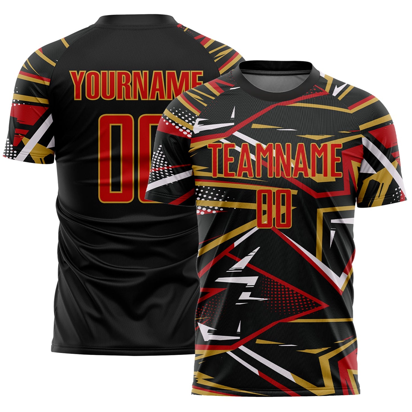 Custom Black Red Old Gold-White Abstract Geometric Stripes Sports Sublimation Soccer Uniform Jersey - Main View