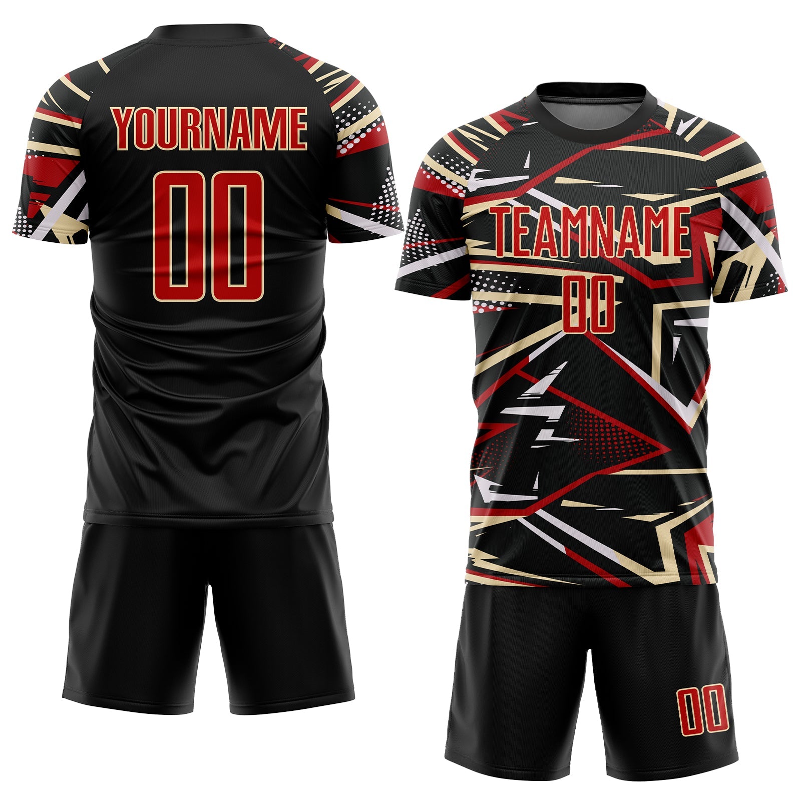 Custom Black Red Cream-White Abstract Geometric Stripes Sports Sublimation Soccer Uniform Jersey view 2