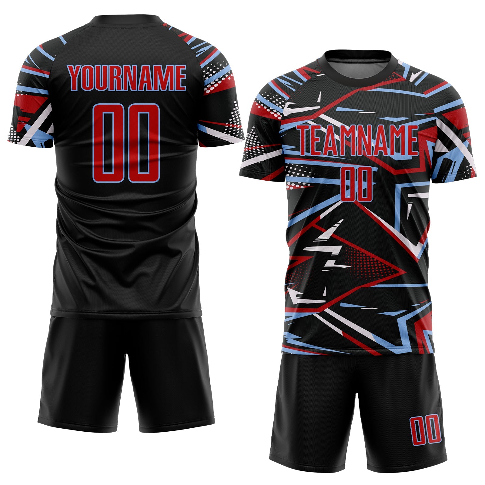 Custom Black Red Light Blue-White Abstract Geometric Stripes Sports Sublimation Soccer Uniform Jersey view 2
