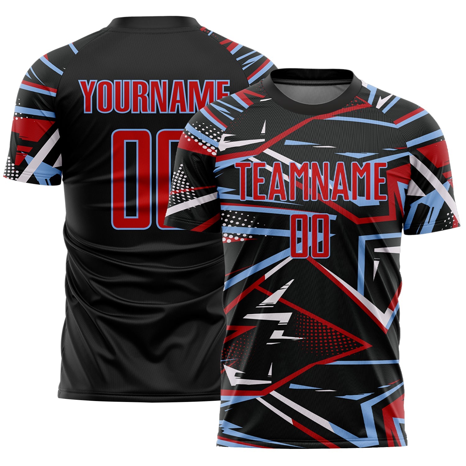 Custom Black Red Light Blue-White Abstract Geometric Stripes Sports Sublimation Soccer Uniform Jersey - Main View