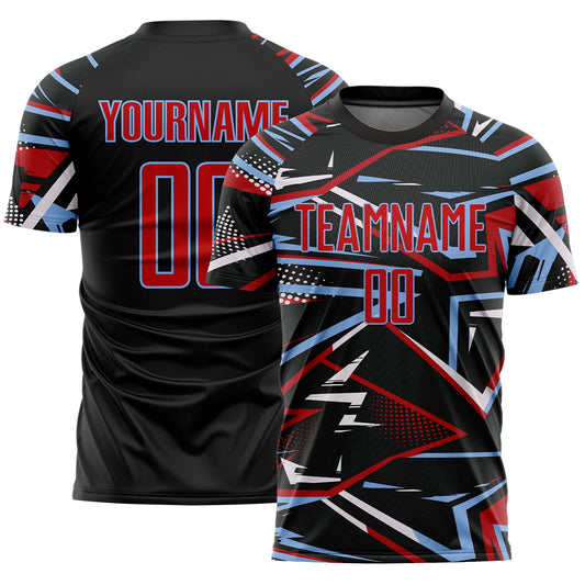 Custom Black Red Light Blue-White Abstract Geometric Stripes Sports Sublimation Soccer Uniform Jersey - Main View