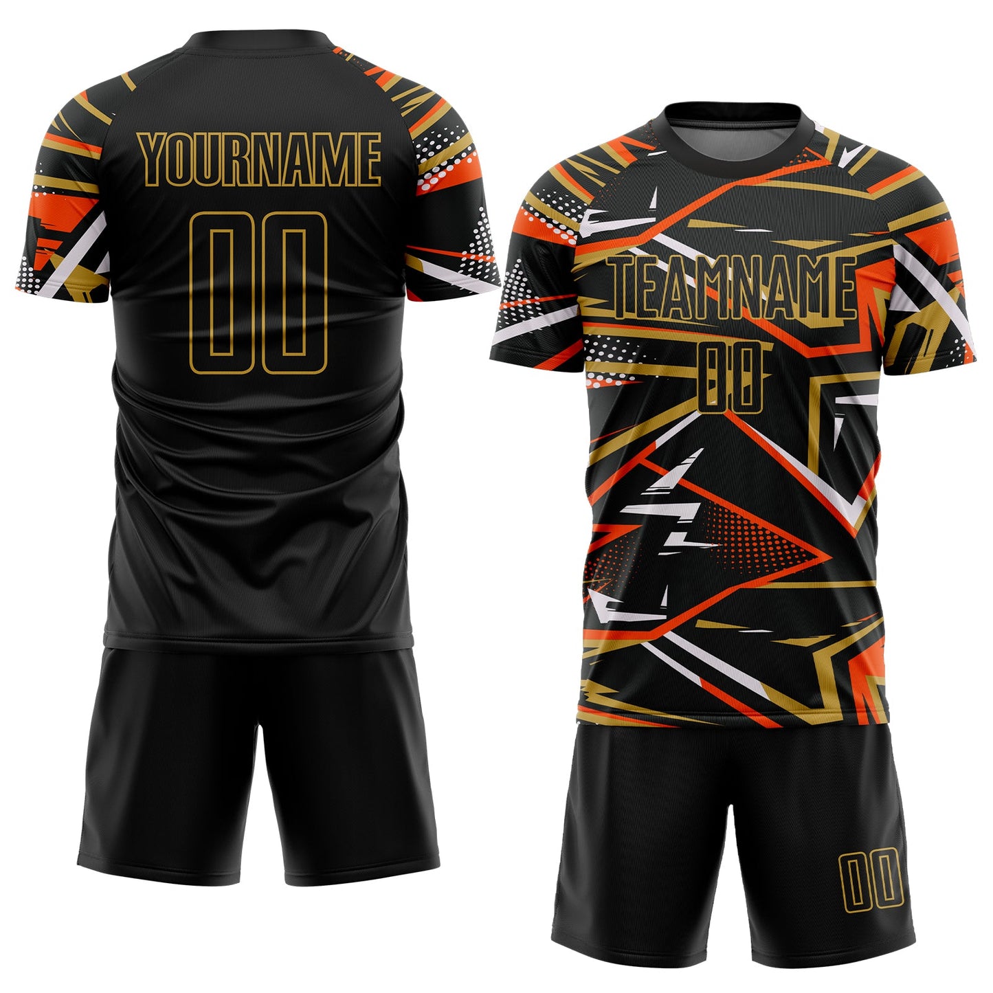 Custom Black Orange Old Gold-White Abstract Geometric Stripes Sports Sublimation Soccer Uniform Jersey view 2