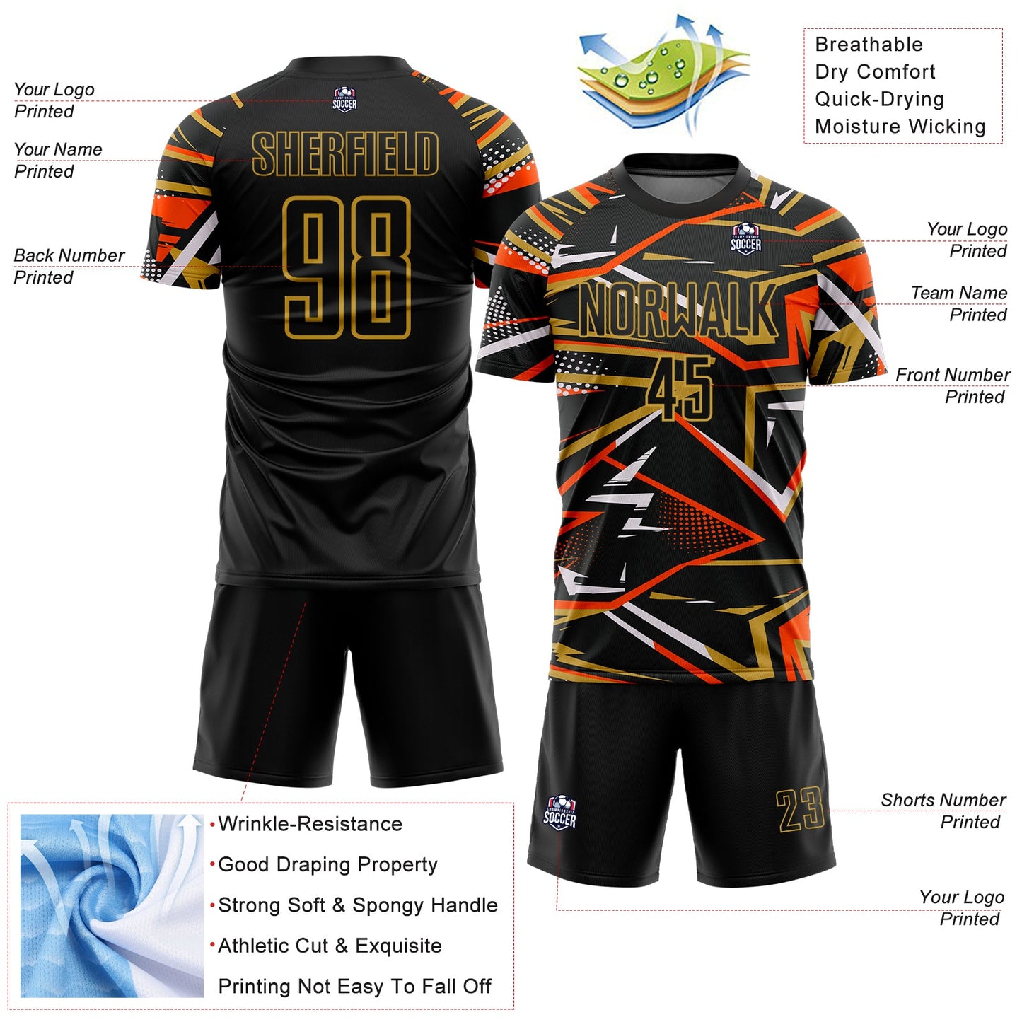 Custom Black Orange Old Gold-White Abstract Geometric Stripes Sports Sublimation Soccer Uniform Jersey view 4