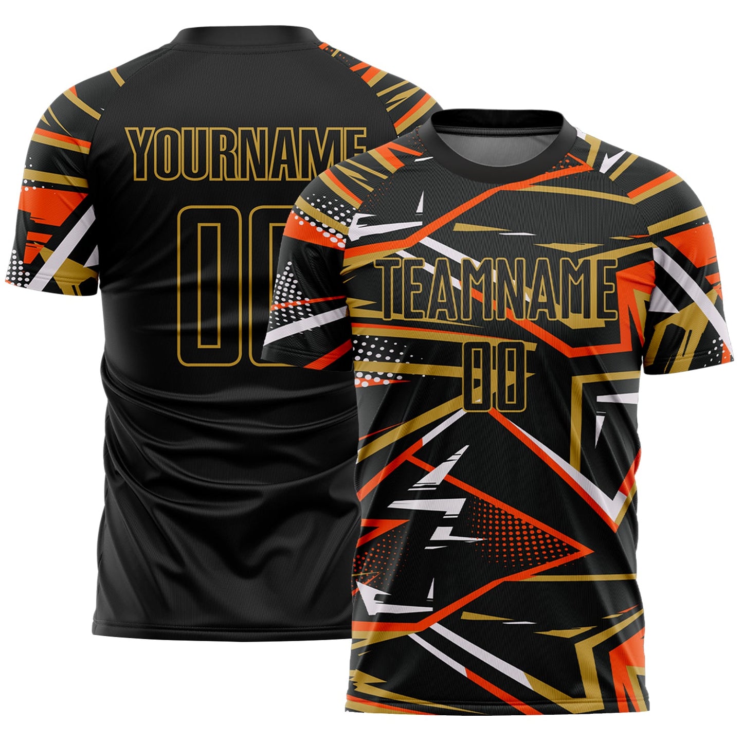 Custom Black Orange Old Gold-White Abstract Geometric Stripes Sports Sublimation Soccer Uniform Jersey - Main View