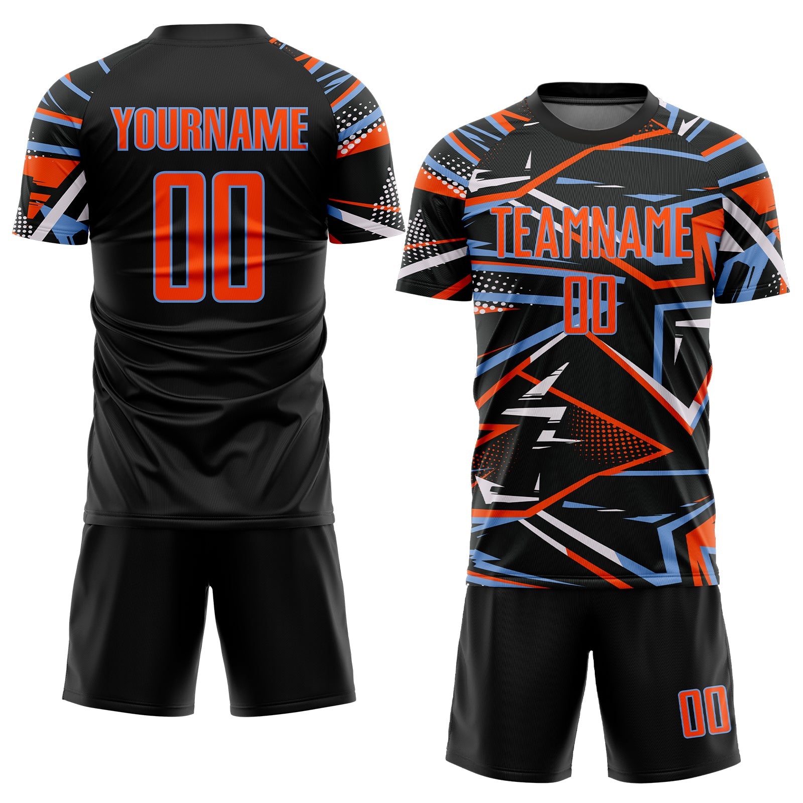 Custom Black Orange Powder Blue-White Abstract Geometric Stripes Sports Sublimation Soccer Uniform Jersey view 2