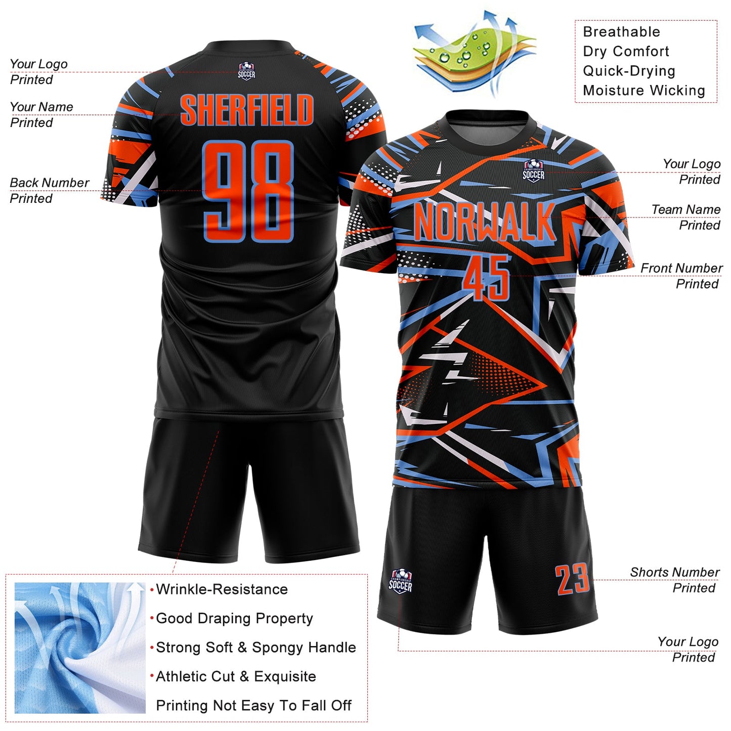 Custom Black Orange Powder Blue-White Abstract Geometric Stripes Sports Sublimation Soccer Uniform Jersey view 4