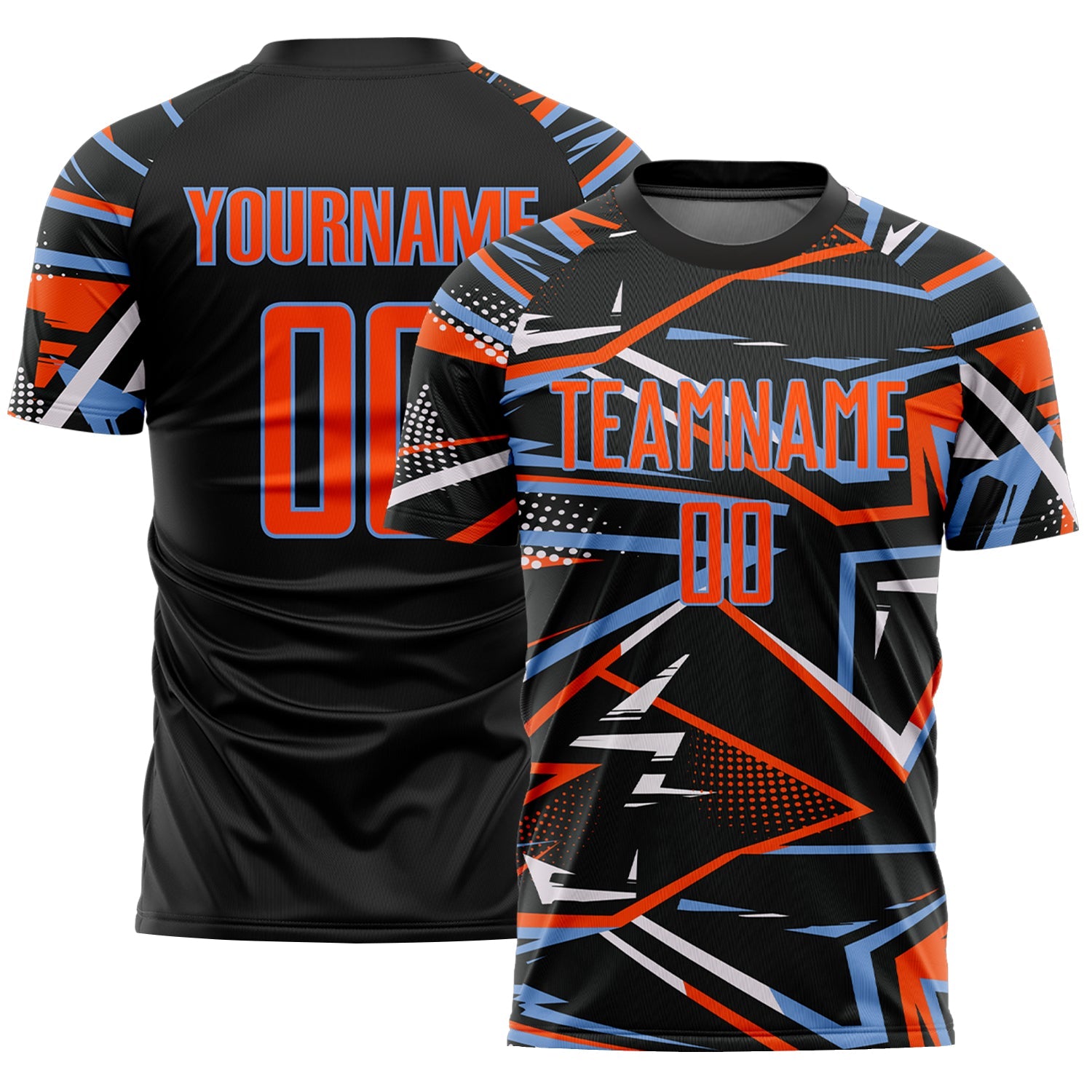 Custom Black Orange Powder Blue-White Abstract Geometric Stripes Sports Sublimation Soccer Uniform Jersey - Main View