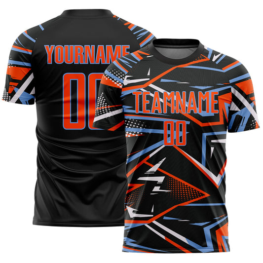 Custom Black Orange Powder Blue-White Abstract Geometric Stripes Sports Sublimation Soccer Uniform Jersey - Main View