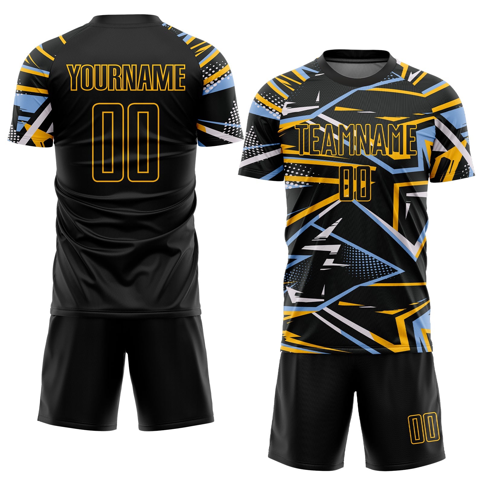 Custom Black Light Blue Gold-White Abstract Geometric Stripes Sports Sublimation Soccer Uniform Jersey view 2