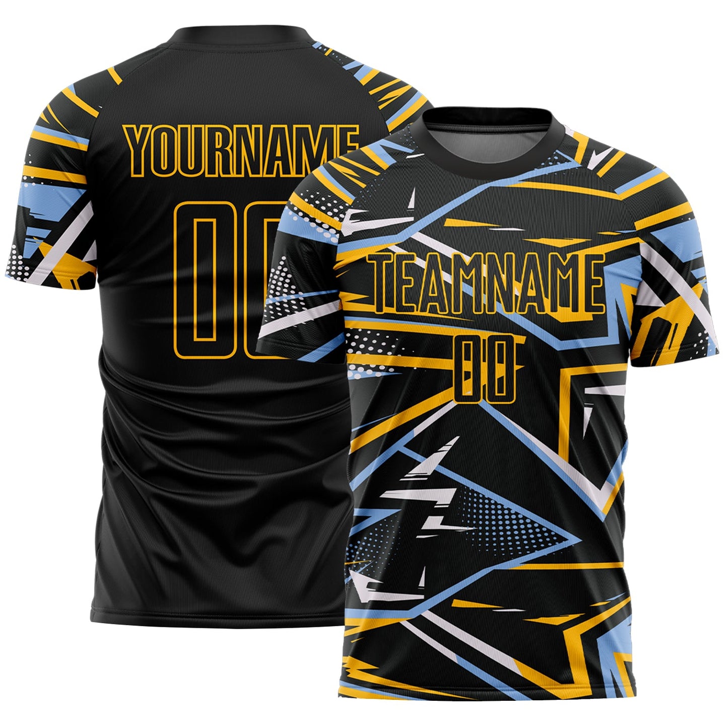 Custom Black Light Blue Gold-White Abstract Geometric Stripes Sports Sublimation Soccer Uniform Jersey - Main View