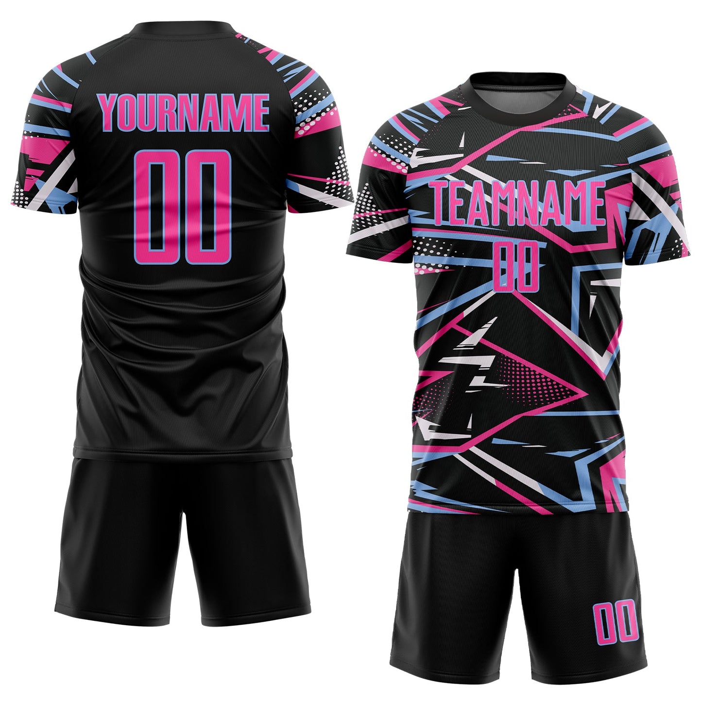 Custom Black Pink Light Blue-White Abstract Geometric Stripes Sports Sublimation Soccer Uniform Jersey view 2