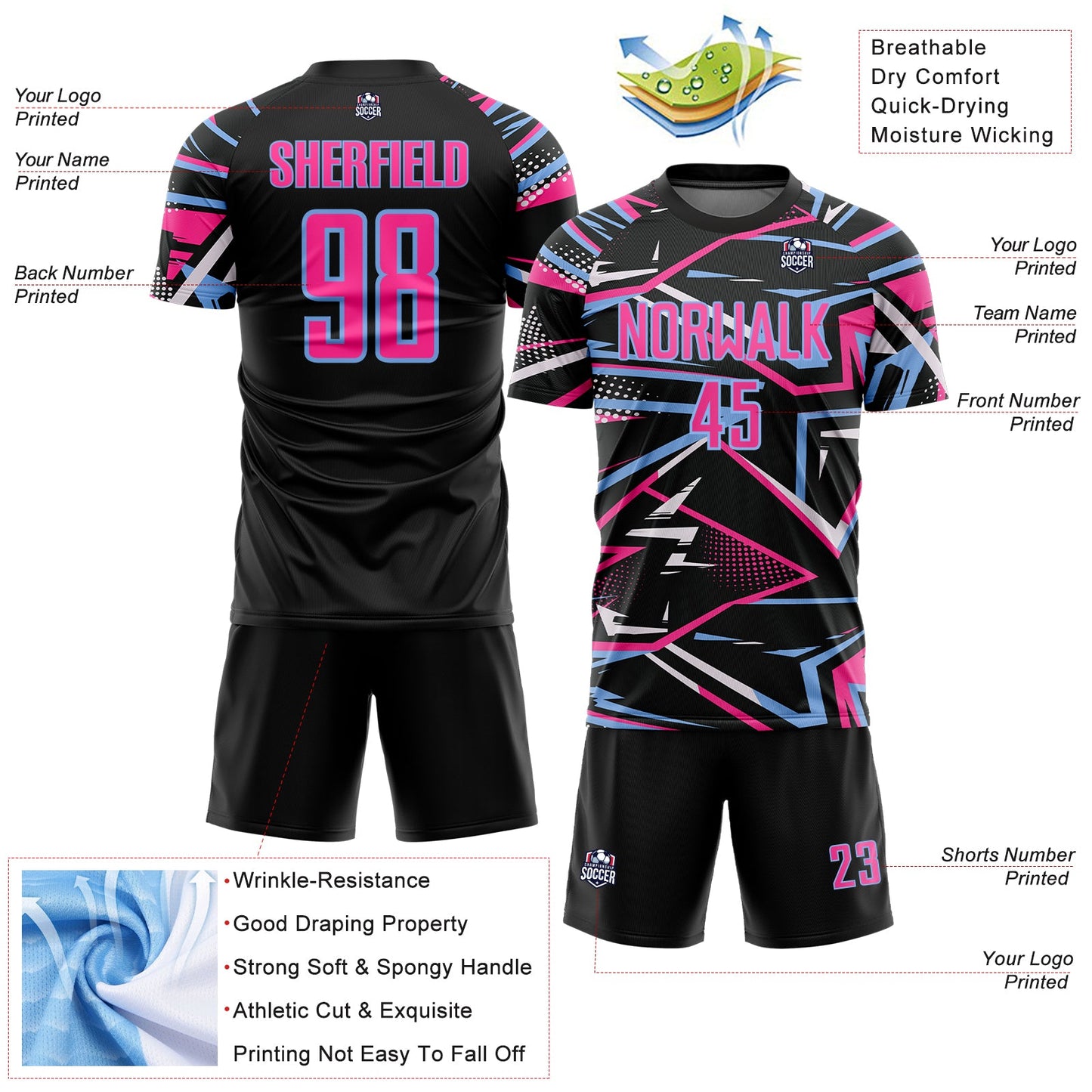 Custom Black Pink Light Blue-White Abstract Geometric Stripes Sports Sublimation Soccer Uniform Jersey view 4
