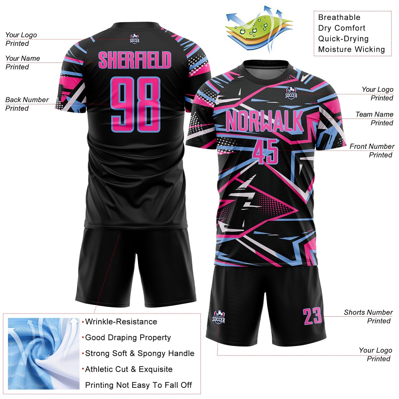 Custom Black Pink Light Blue-White Abstract Geometric Stripes Sports Sublimation Soccer Uniform Jersey view 4