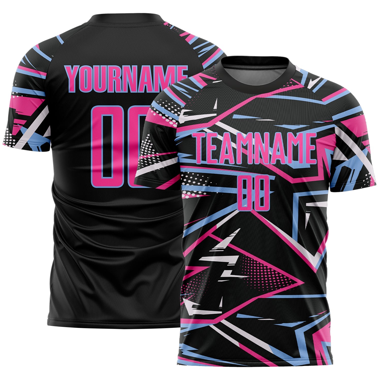 Custom Black Pink Light Blue-White Abstract Geometric Stripes Sports Sublimation Soccer Uniform Jersey - Main View