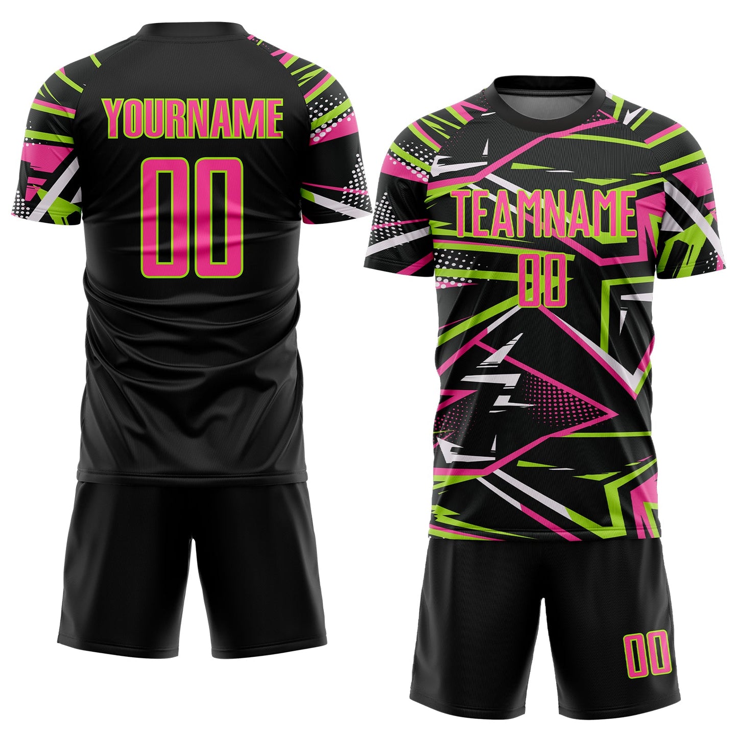 Custom Black Pink Neon Green-White Abstract Geometric Stripes Sports Sublimation Soccer Uniform Jersey view 2