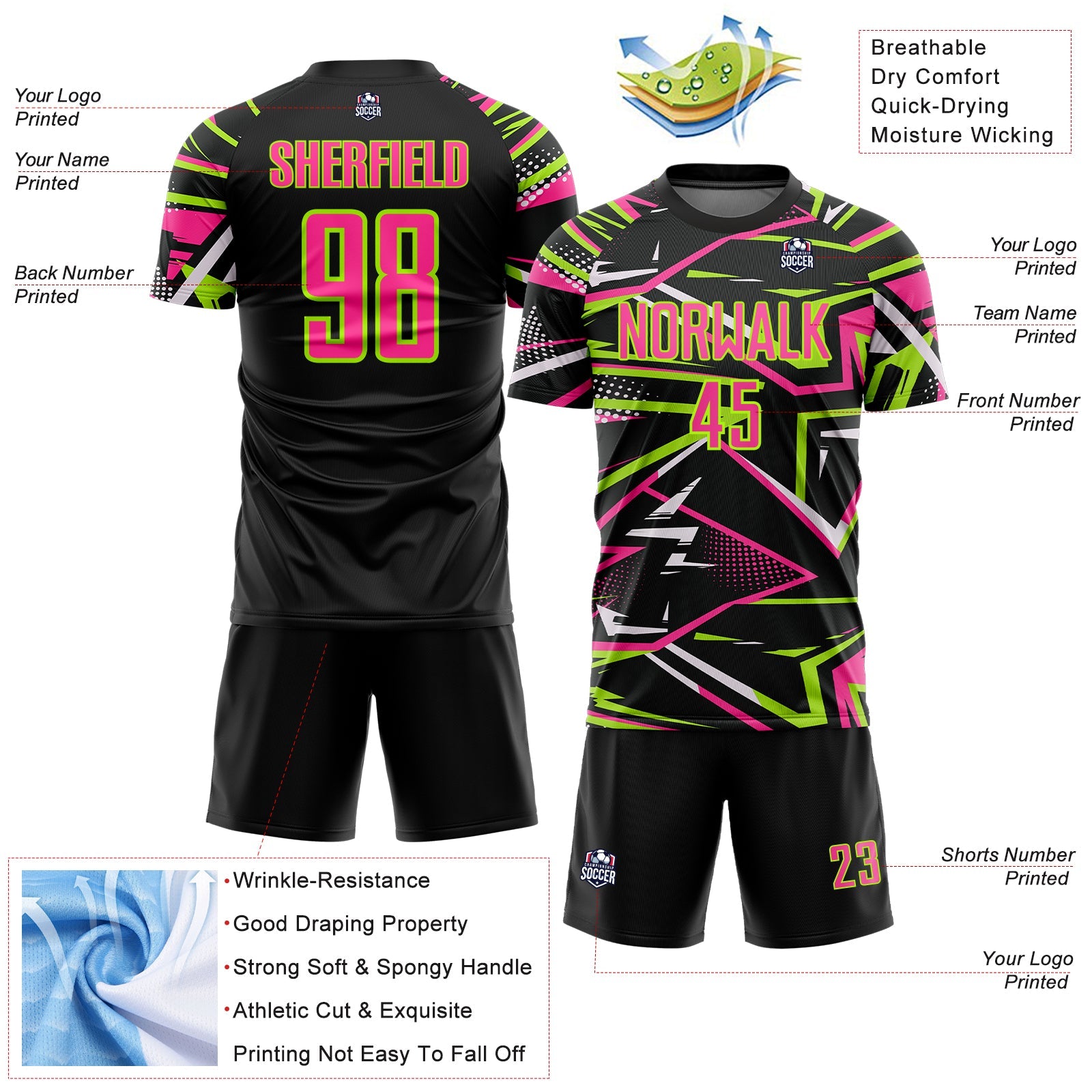 Custom Black Pink Neon Green-White Abstract Geometric Stripes Sports Sublimation Soccer Uniform Jersey view 4