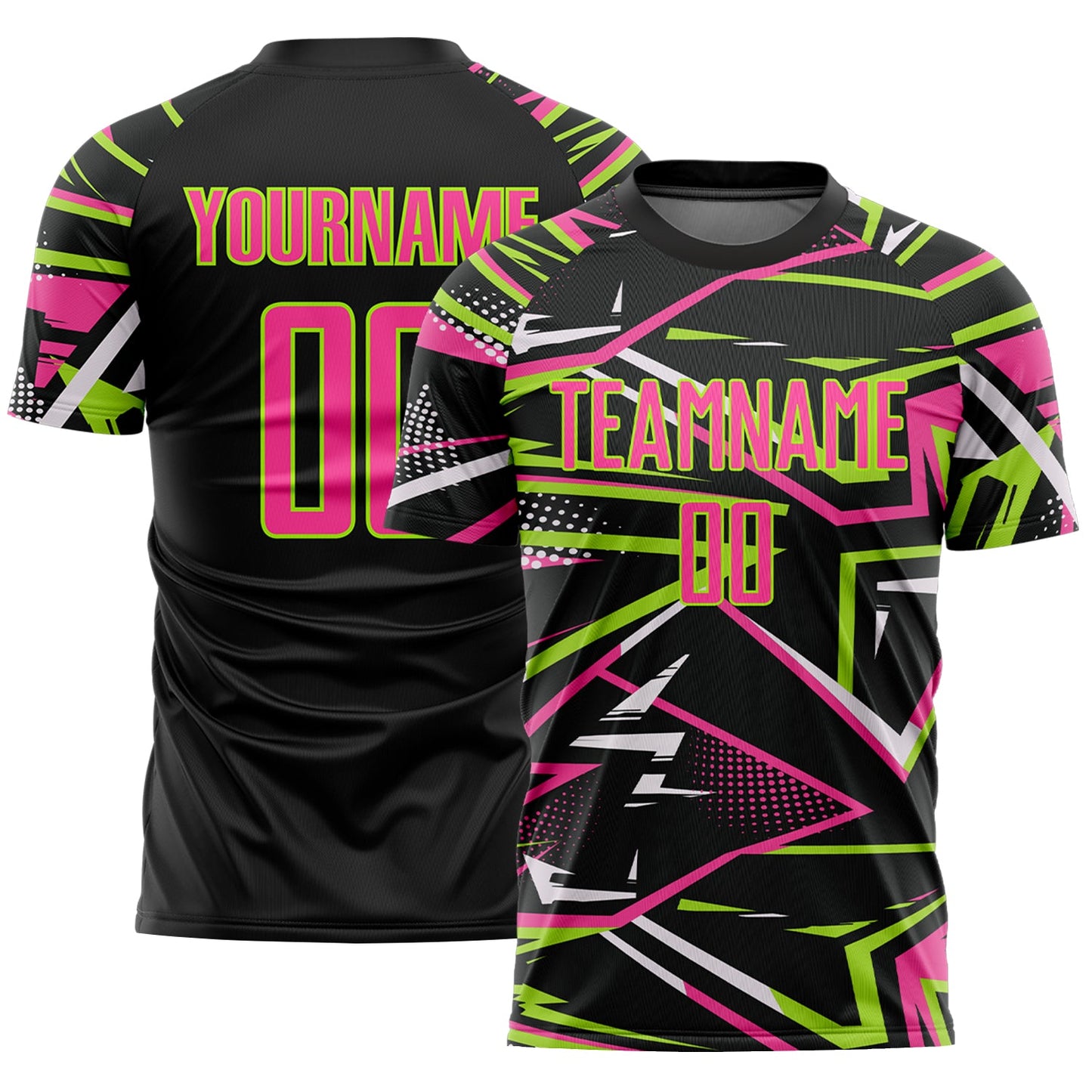 Custom Black Pink Neon Green-White Abstract Geometric Stripes Sports Sublimation Soccer Uniform Jersey - Main View