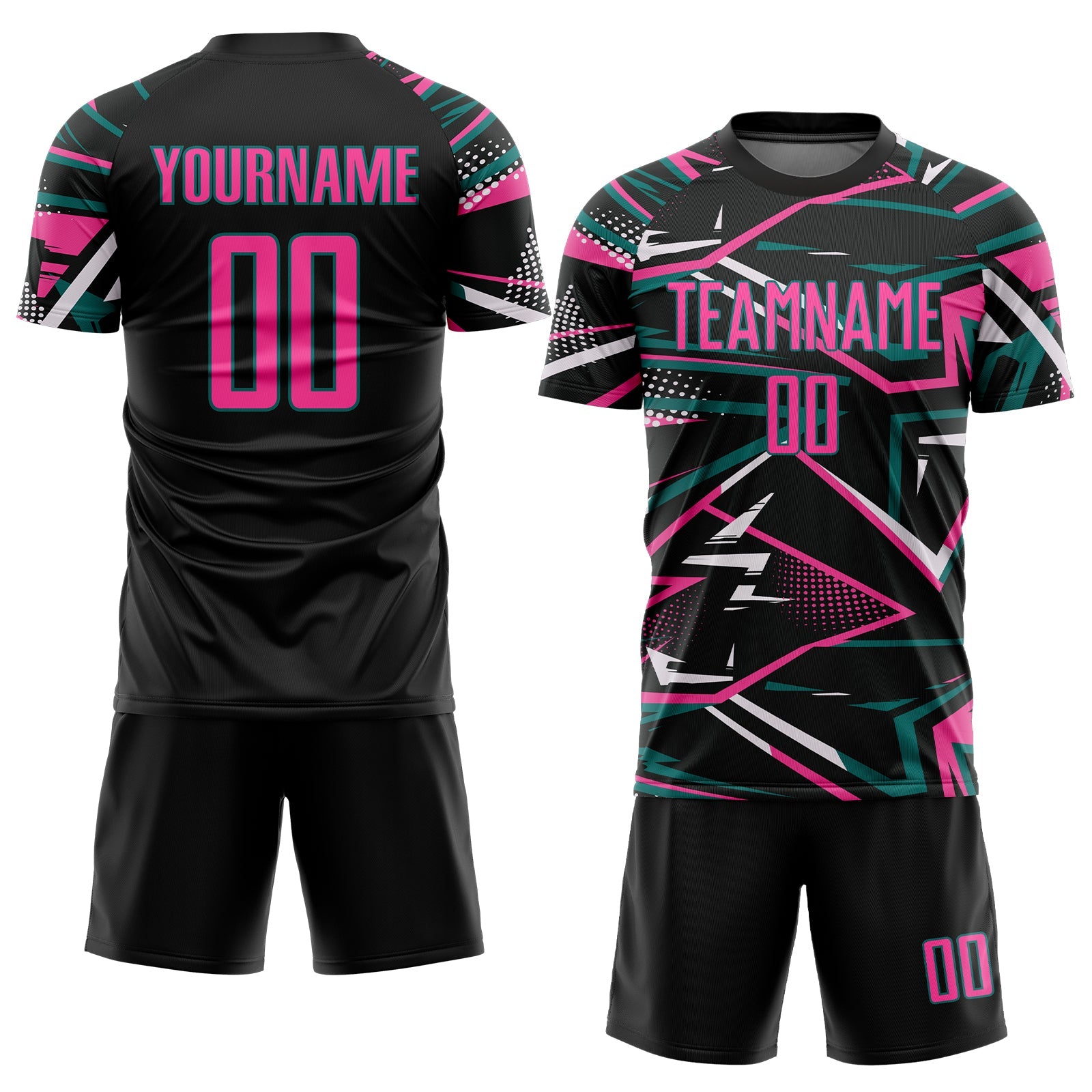 Custom Black Pink Teal-White Abstract Geometric Stripes Sports Sublimation Soccer Uniform Jersey view 2