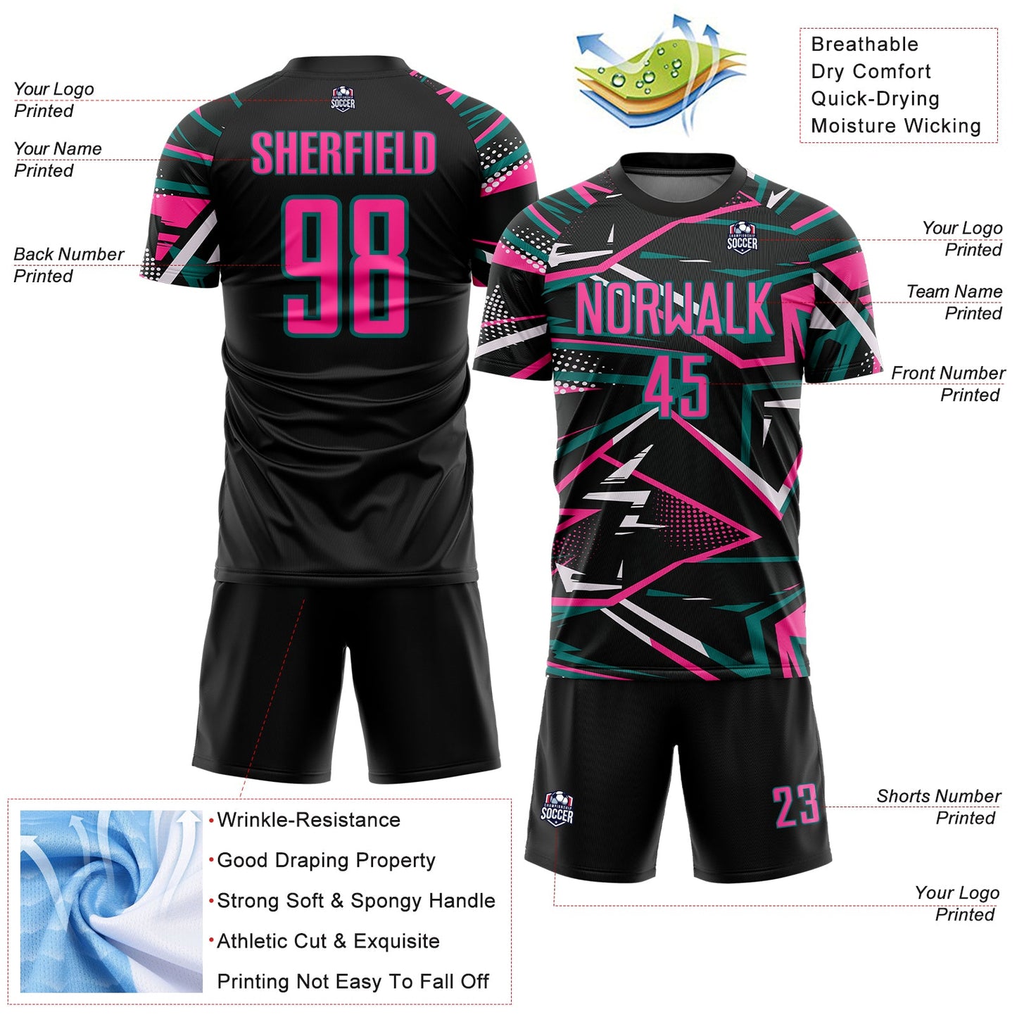 Custom Black Pink Teal-White Abstract Geometric Stripes Sports Sublimation Soccer Uniform Jersey view 4