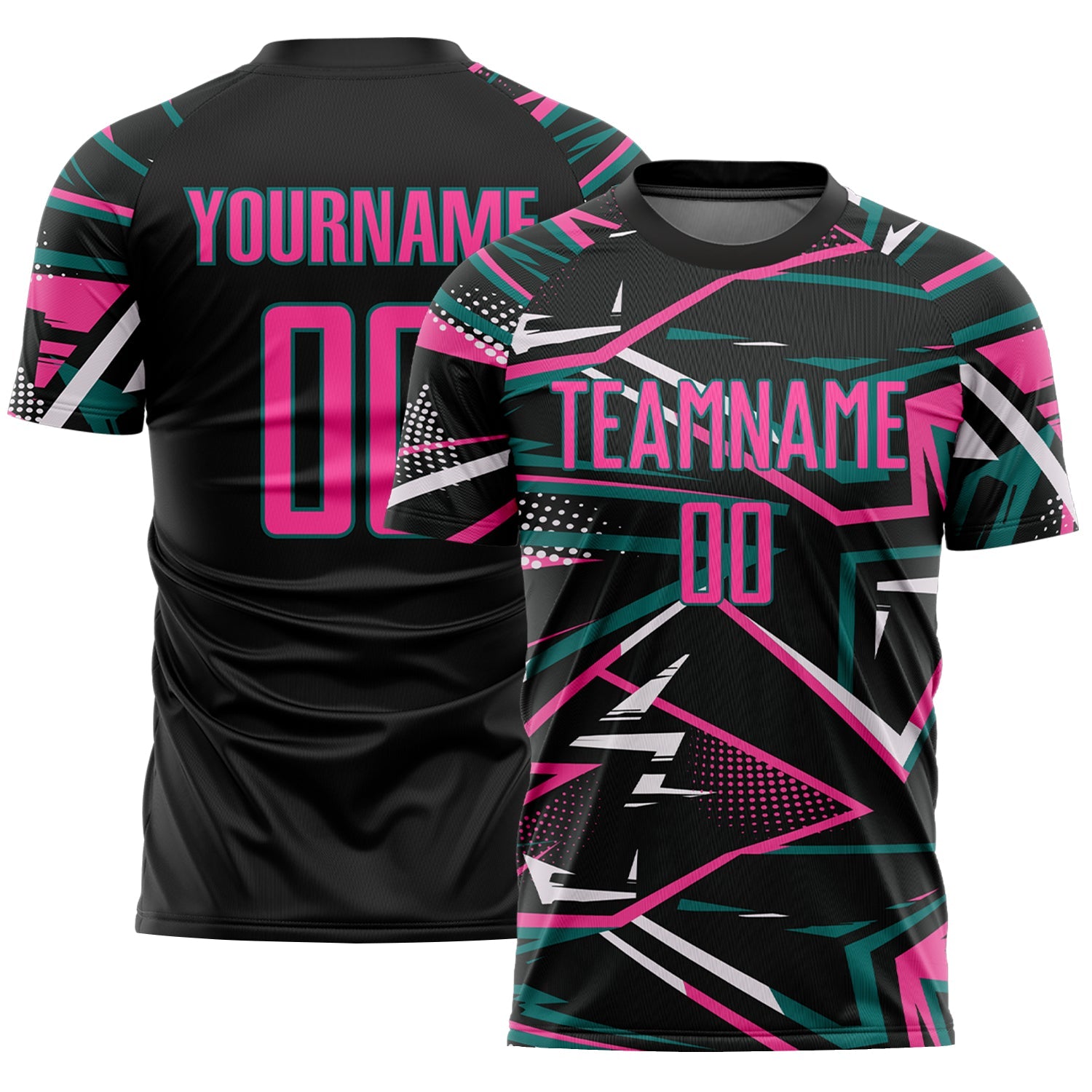 Custom Black Pink Teal-White Abstract Geometric Stripes Sports Sublimation Soccer Uniform Jersey - Main View
