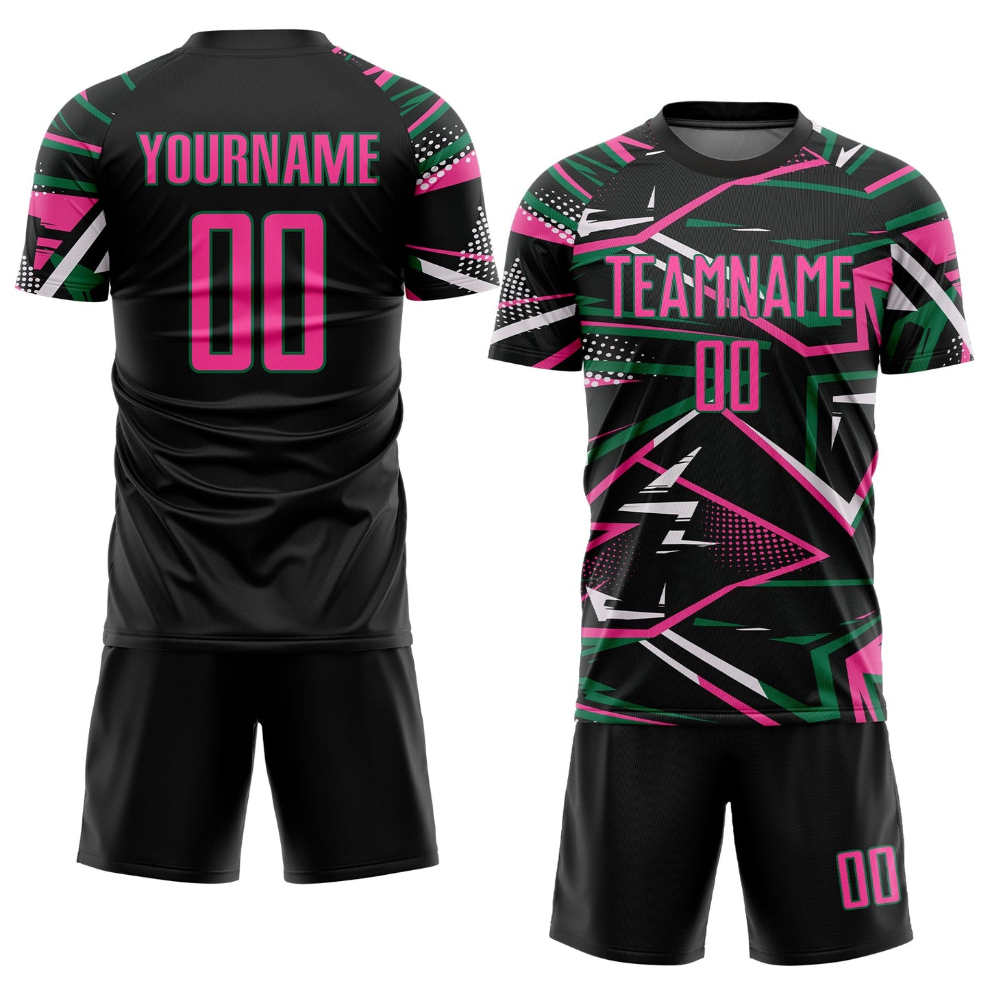 Custom Black Pink Kelly Green-White Abstract Geometric Stripes Sports Sublimation Soccer Uniform Jersey view 2