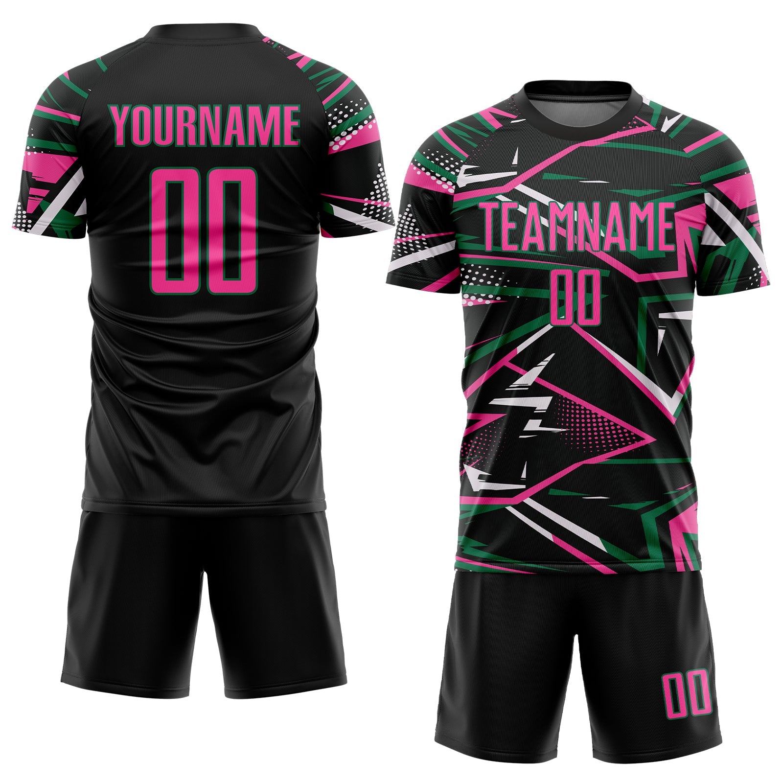 Custom Black Pink Kelly Green-White Abstract Geometric Stripes Sports Sublimation Soccer Uniform Jersey view 2