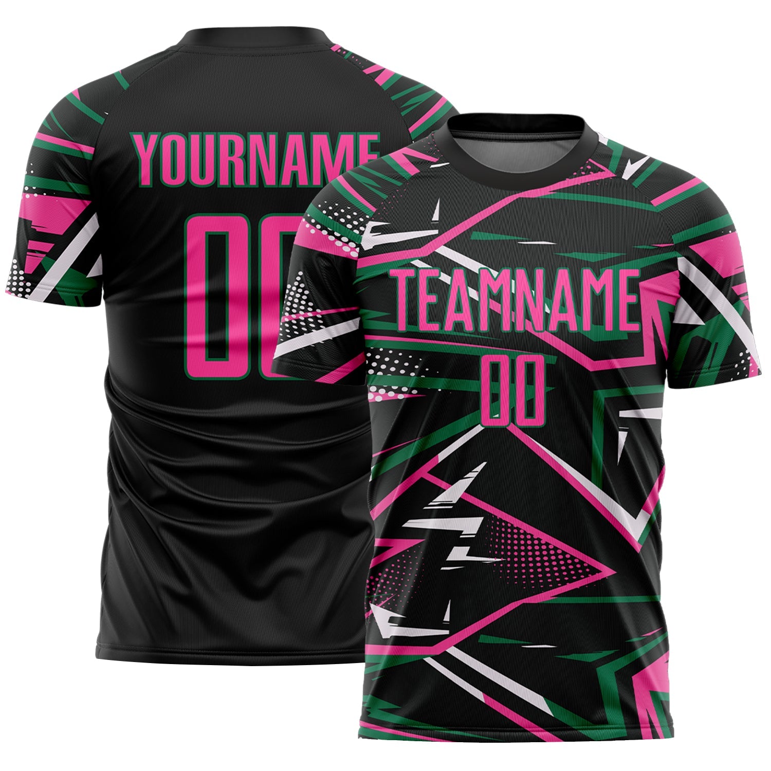 Custom Black Pink Kelly Green-White Abstract Geometric Stripes Sports Sublimation Soccer Uniform Jersey - Main View
