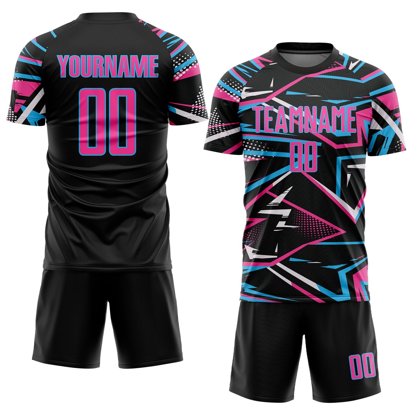 Custom Black Pink Sky Blue-White Abstract Geometric Stripes Sports Sublimation Soccer Uniform Jersey view 2