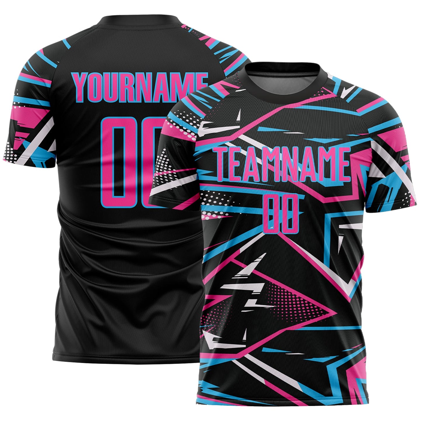 Custom Black Pink Sky Blue-White Abstract Geometric Stripes Sports Sublimation Soccer Uniform Jersey - Main View