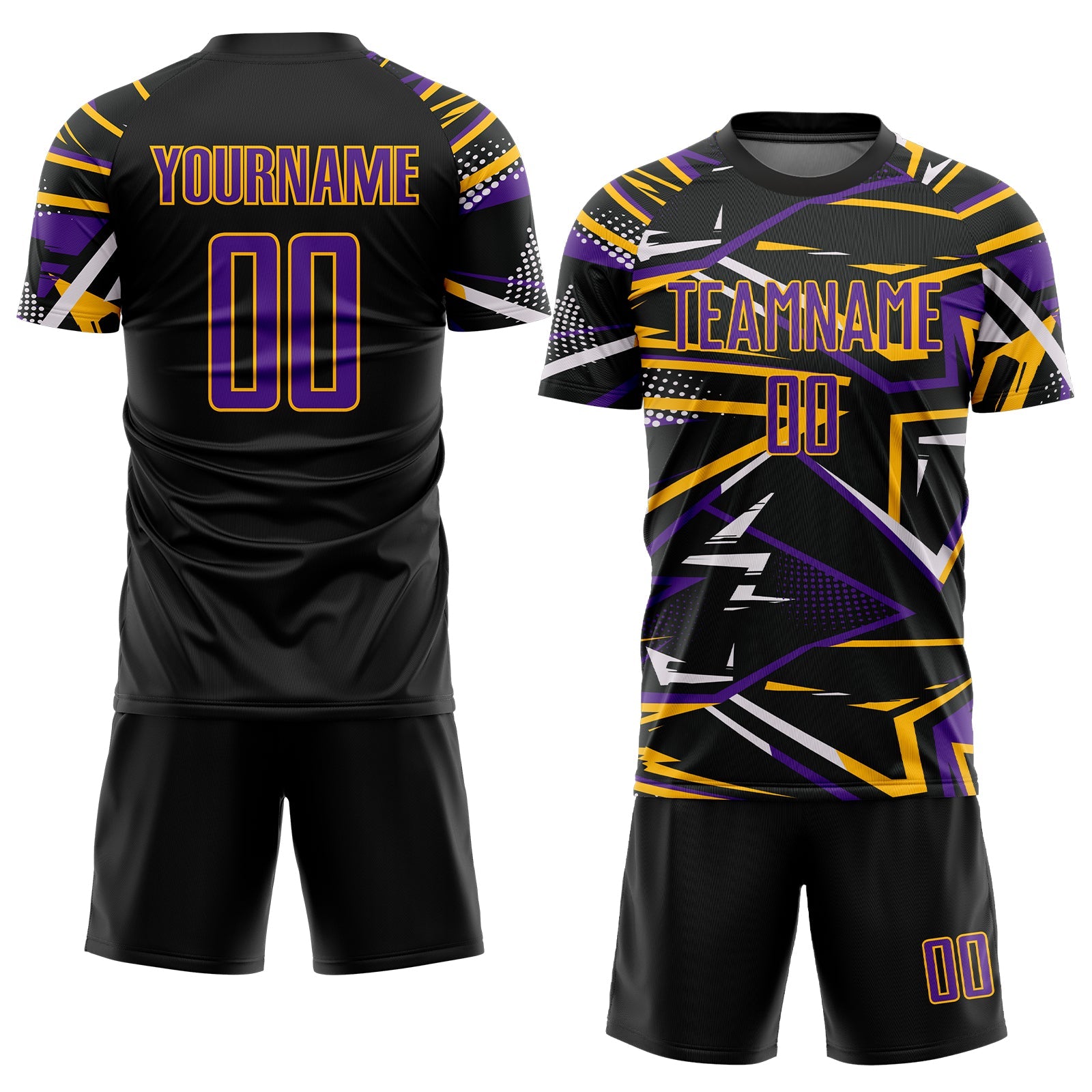 Custom Black Purple Gold-White Abstract Geometric Stripes Sports Sublimation Soccer Uniform Jersey view 2