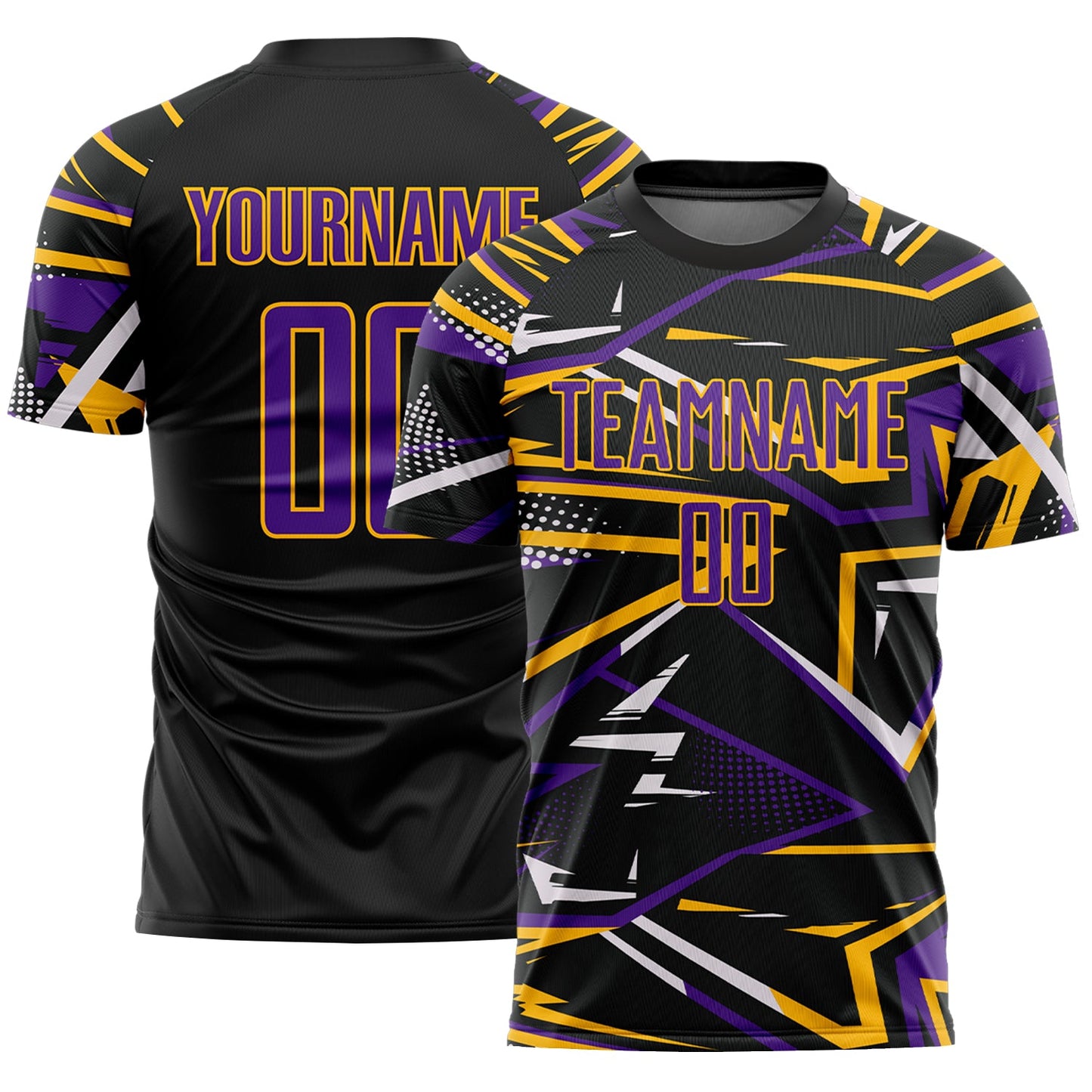 Custom Black Purple Gold-White Abstract Geometric Stripes Sports Sublimation Soccer Uniform Jersey - Main View