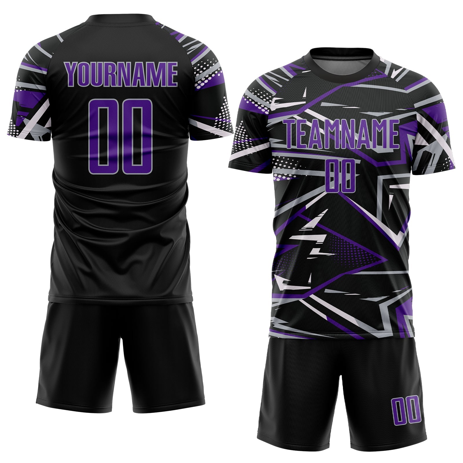 Custom Black Purple Gray-White Abstract Geometric Stripes Sports Sublimation Soccer Uniform Jersey view 2