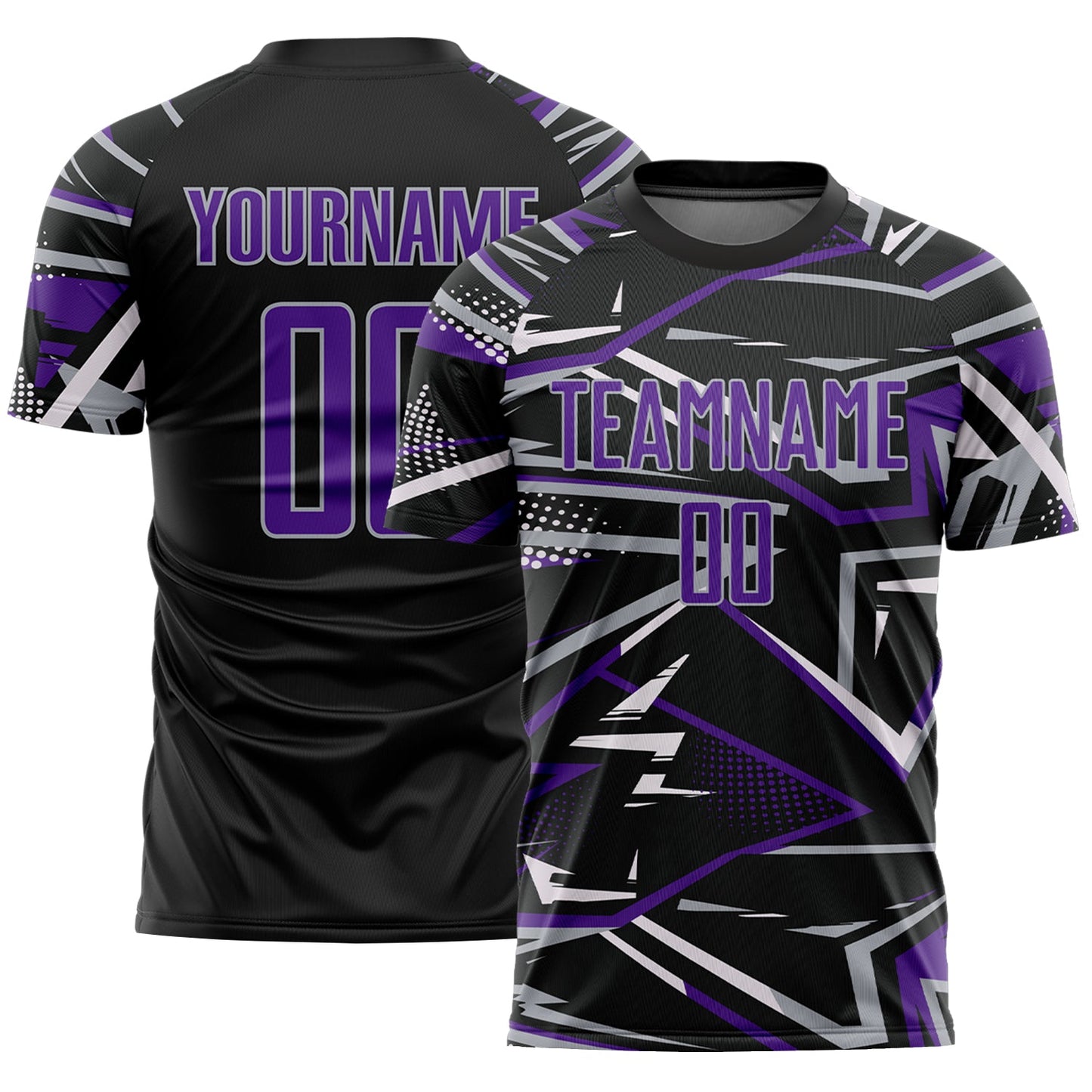 Custom Black Purple Gray-White Abstract Geometric Stripes Sports Sublimation Soccer Uniform Jersey - Main View