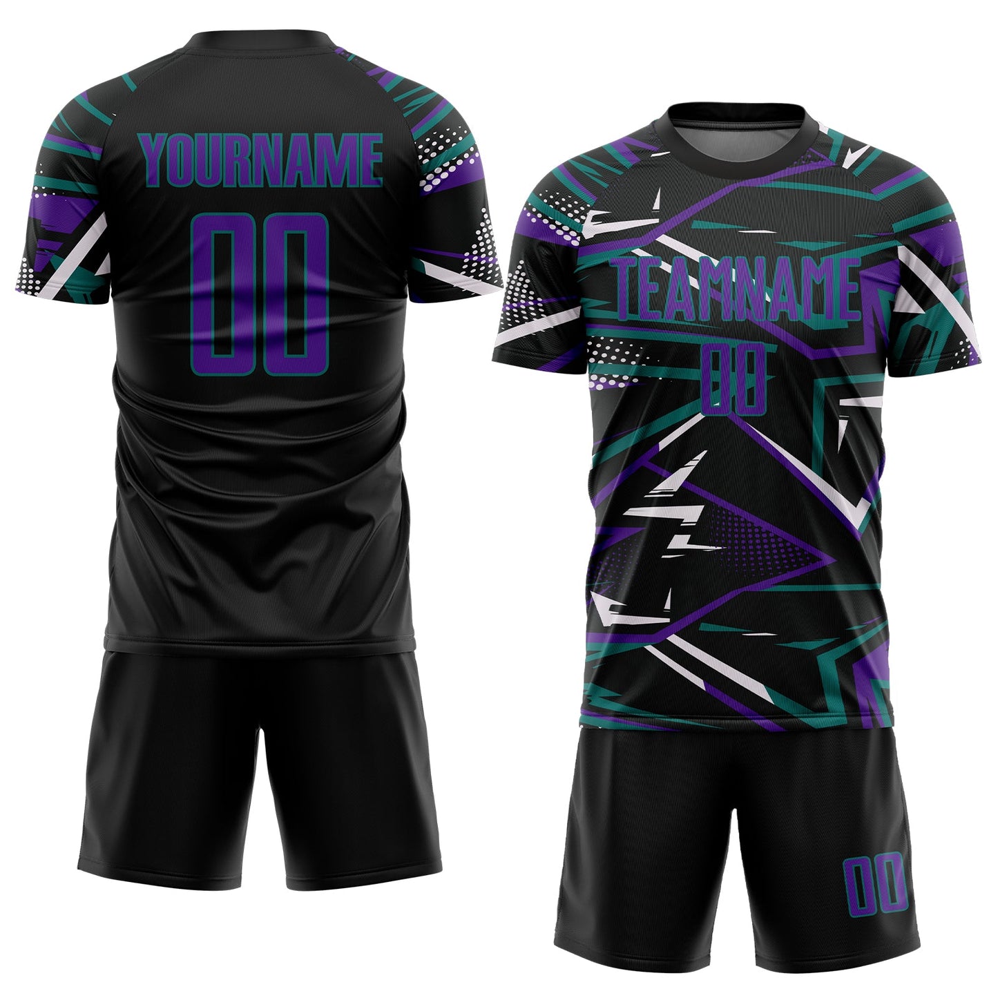 Custom Black Purple Teal-White Abstract Geometric Stripes Sports Sublimation Soccer Uniform Jersey view 2