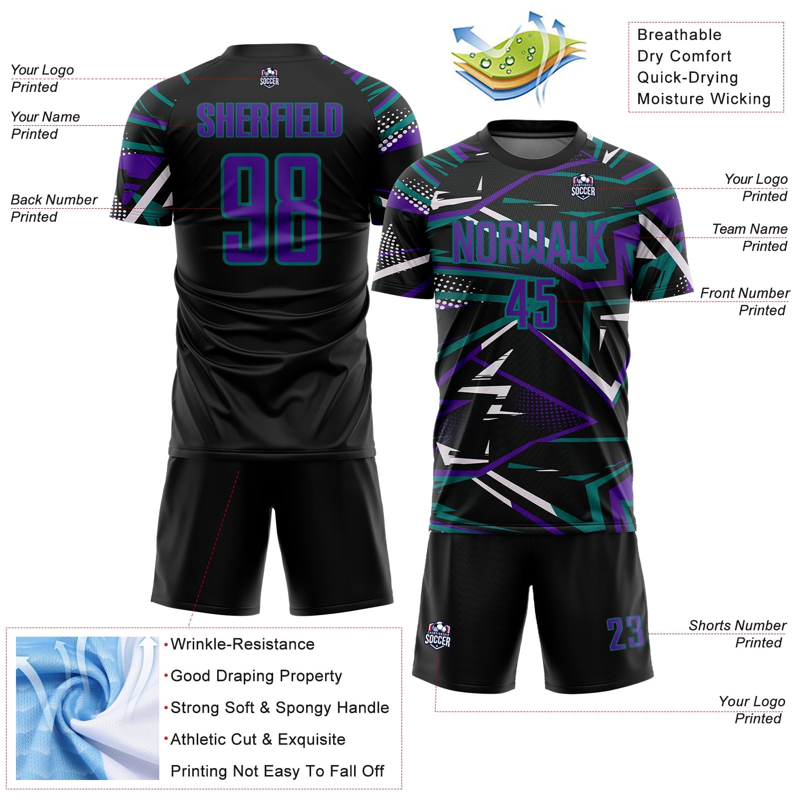 Custom Black Purple Teal-White Abstract Geometric Stripes Sports Sublimation Soccer Uniform Jersey view 4