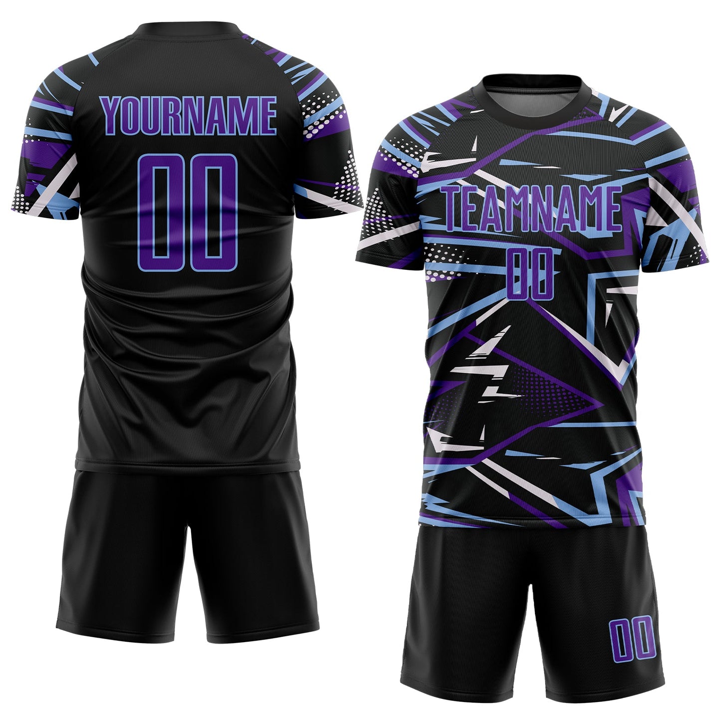 Custom Black Purple Light Blue-White Abstract Geometric Stripes Sports Sublimation Soccer Uniform Jersey view 2
