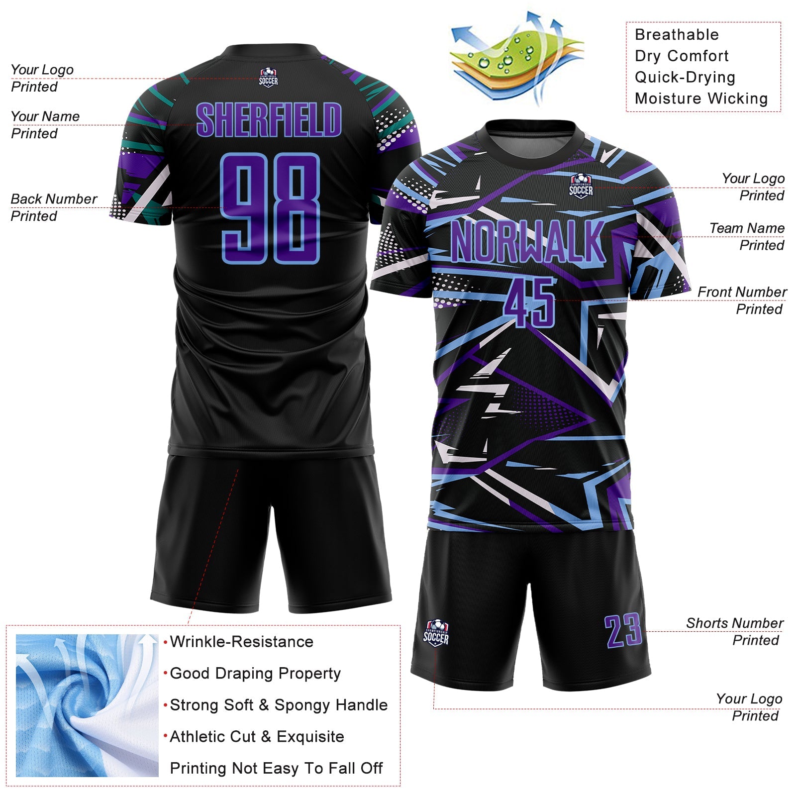 Custom Black Purple Light Blue-White Abstract Geometric Stripes Sports Sublimation Soccer Uniform Jersey view 4
