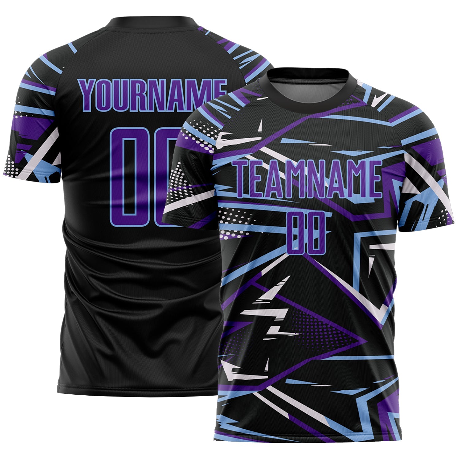Custom Black Purple Light Blue-White Abstract Geometric Stripes Sports Sublimation Soccer Uniform Jersey - Main View