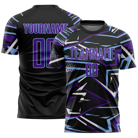 Custom Black Purple Light Blue-White Abstract Geometric Stripes Sports Sublimation Soccer Uniform Jersey - Main View