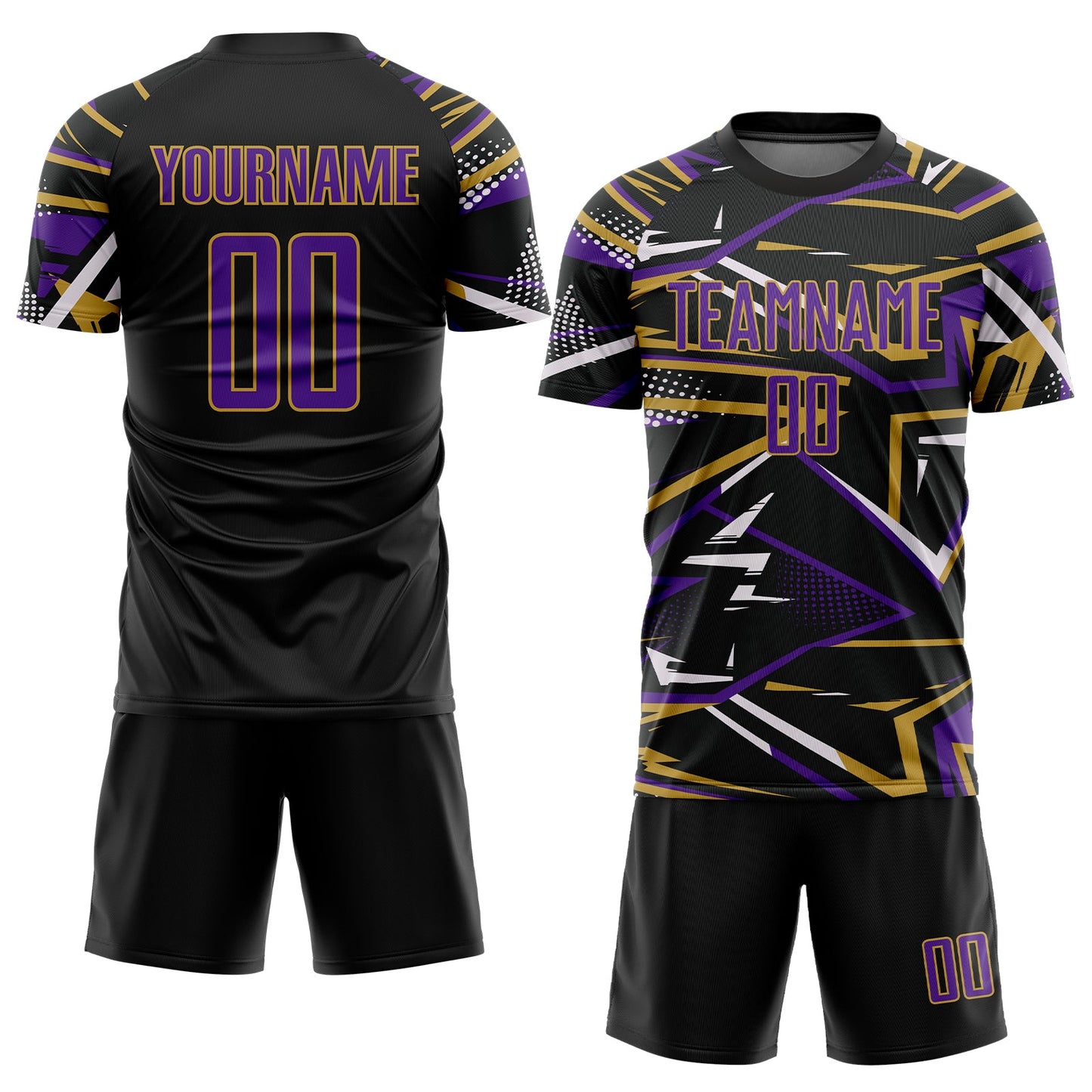 Custom Black Purple Old Gold-White Abstract Geometric Stripes Sports Sublimation Soccer Uniform Jersey view 2