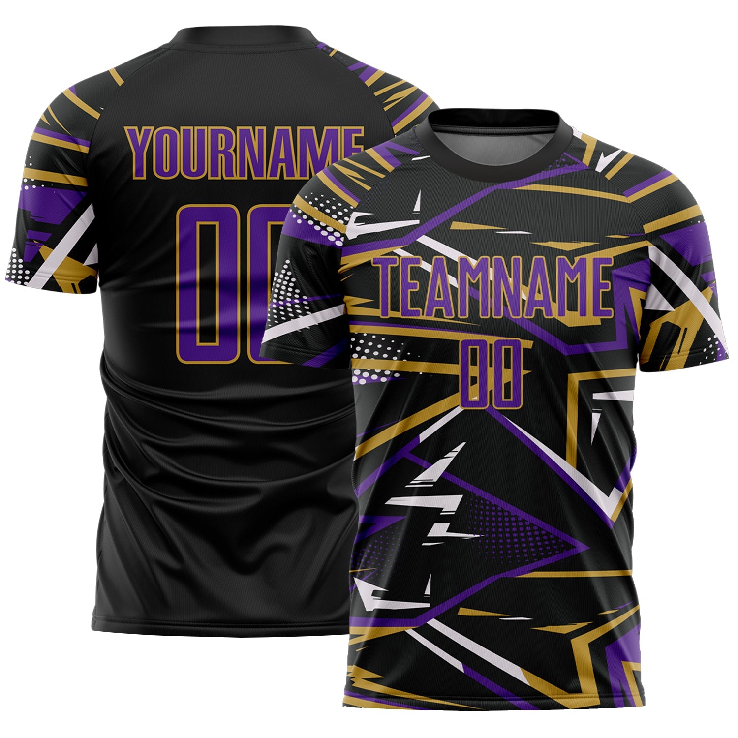 Custom Black Purple Old Gold-White Abstract Geometric Stripes Sports Sublimation Soccer Uniform Jersey - Main View