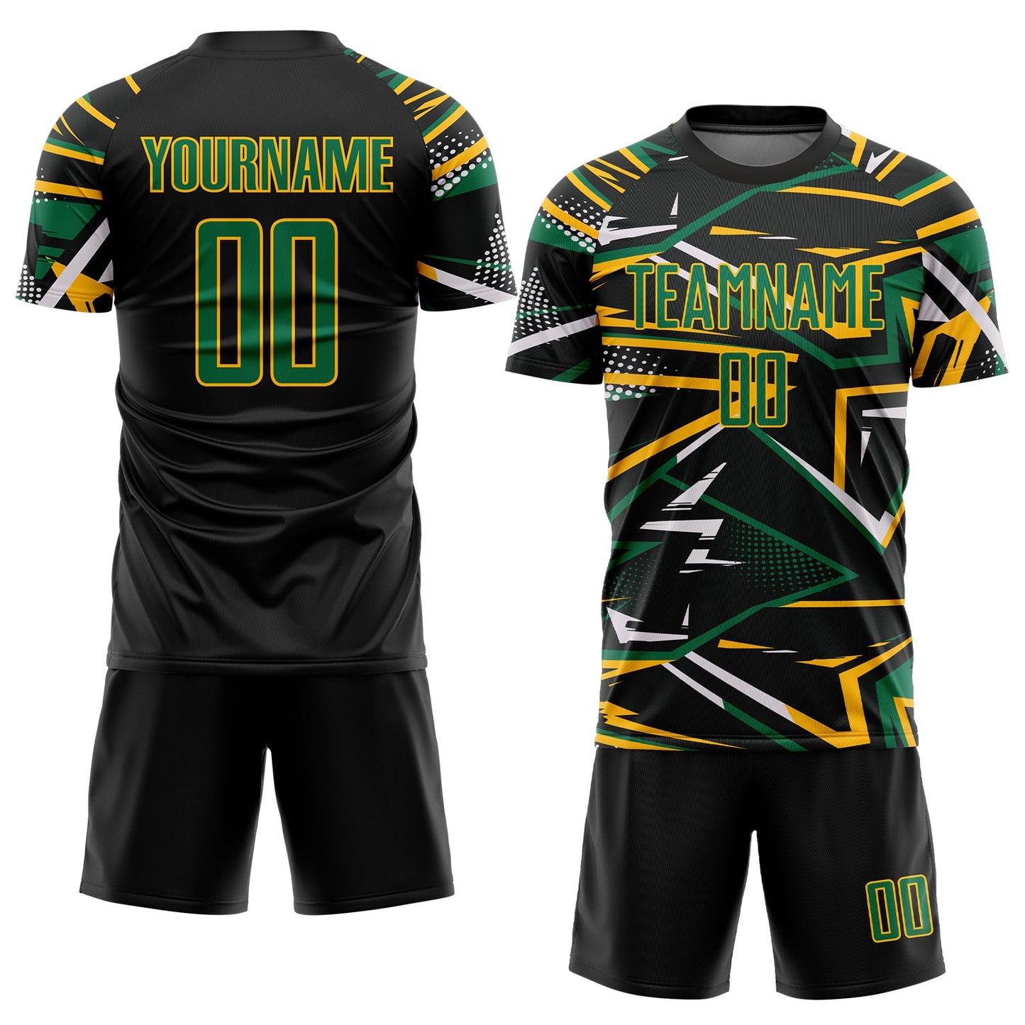 Custom Black Kelly Green Gold-White Abstract Geometric Stripes Sports Sublimation Soccer Uniform Jersey view 2