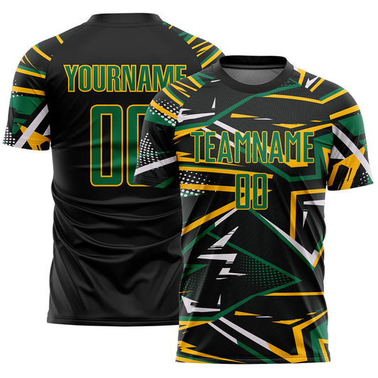 Custom Black Kelly Green Gold-White Abstract Geometric Stripes Sports Sublimation Soccer Uniform Jersey - Main View