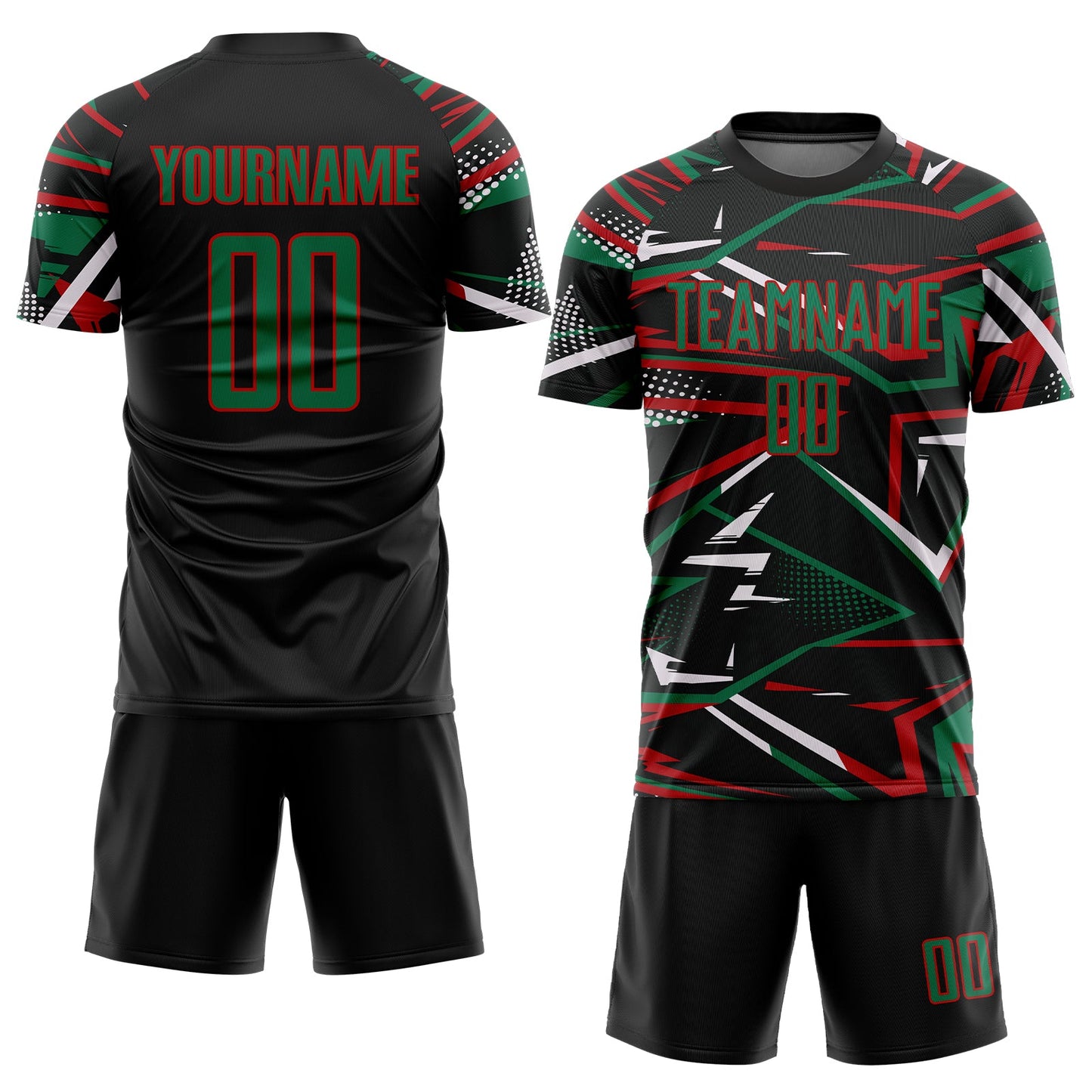 Custom Black Kelly Green Red-White Abstract Geometric Stripes Sports Sublimation Soccer Uniform Jersey view 2