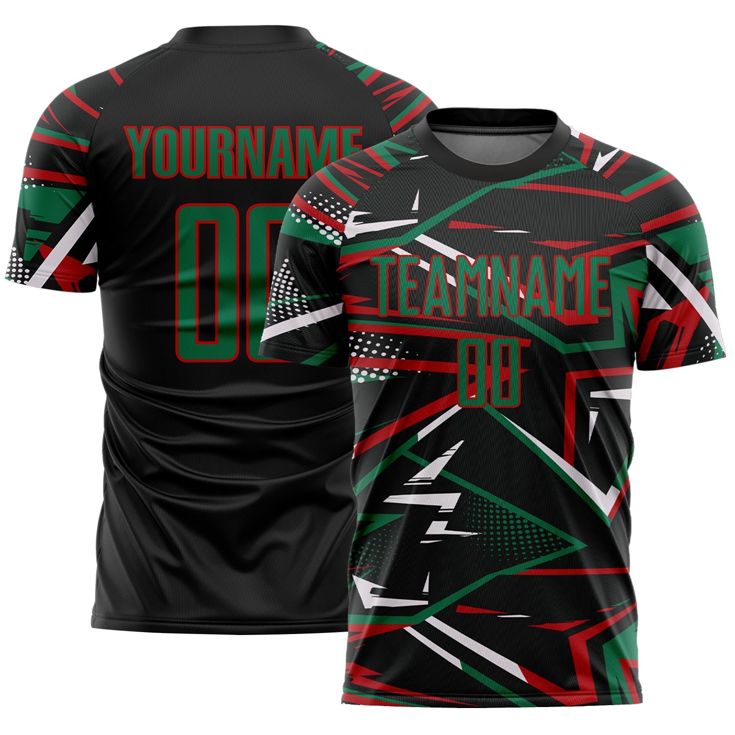Custom Black Kelly Green Red-White Abstract Geometric Stripes Sports Sublimation Soccer Uniform Jersey - Main View