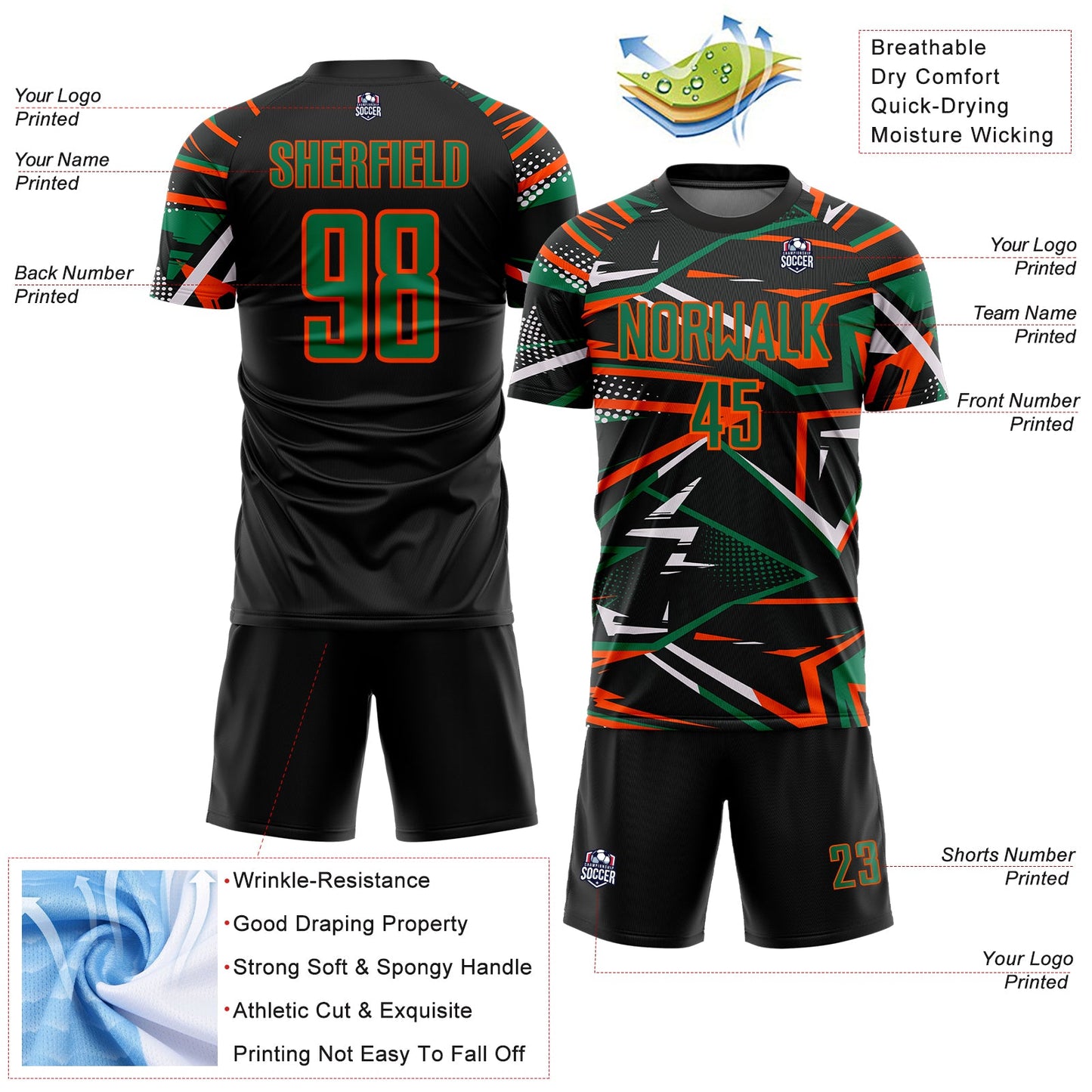 Custom Black Kelly Green Orange-White Abstract Geometric Stripes Sports Sublimation Soccer Uniform Jersey view 4